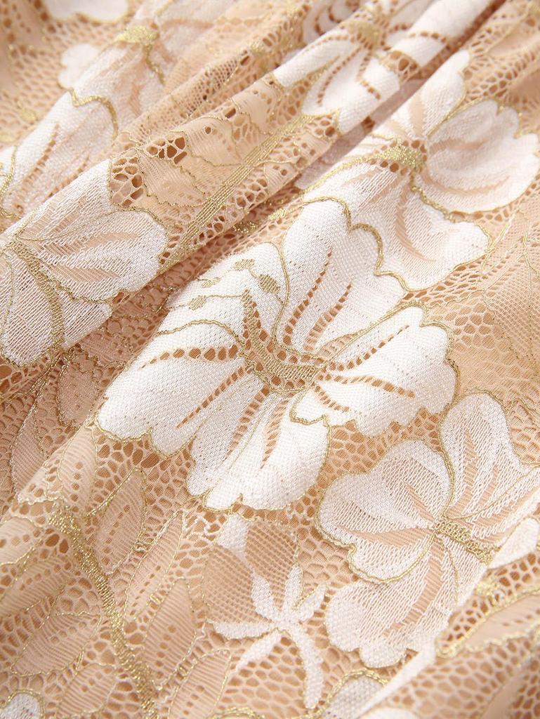 Rosegal Plus Size A-Linien-Kleid mit floralem Spitzeneinsatz und goldener Linie und Rüschen