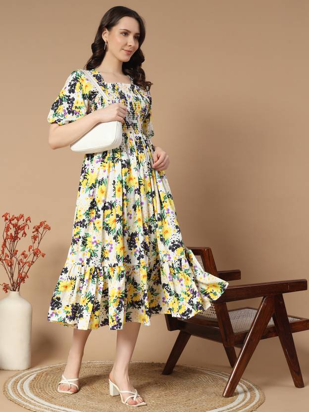 Women Empire Waist Black Midi/Calf Length Dress Gown Kurta Party Wear Top Tunic