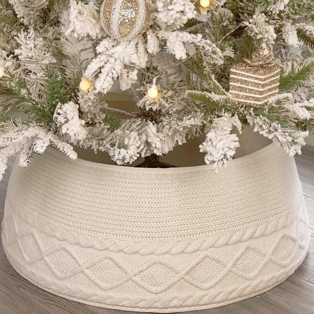 Knitted Christmas Tree Collar Cream White Rustic Farmhouse Tree Skirt Alternative Stand Base Cover for Artificial Trees Decor