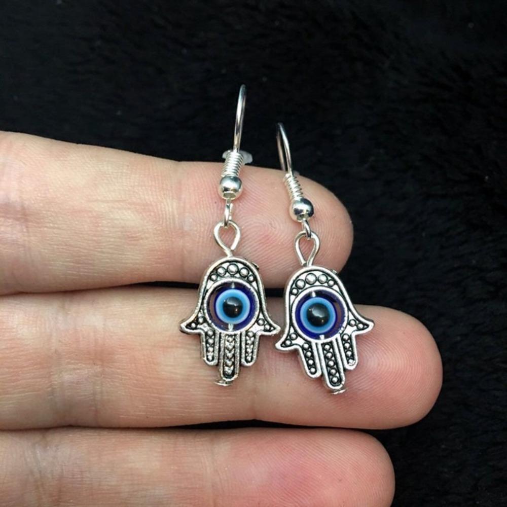 New Gothic Charm Sliver Color Fatima's Hand Turkish Blue Eyes Devil's Eye Dangle Earrings for Women Men Halloween Amulet Jewelry