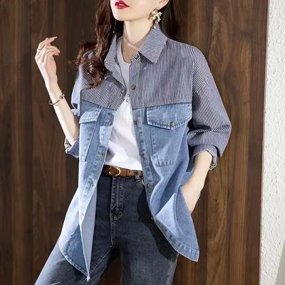 Dámska voľná džínsová bunda s dlhým rukávom Denim Coat Retro kovbojská ležérna bunda