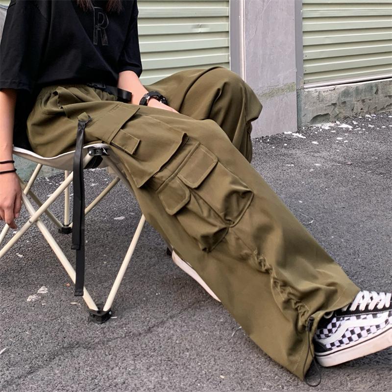 Men's Overalls Elastic Waist Trousers Men's Straight Loose Versatile Multi-Pocket Wide-Leg Black Casual Pants