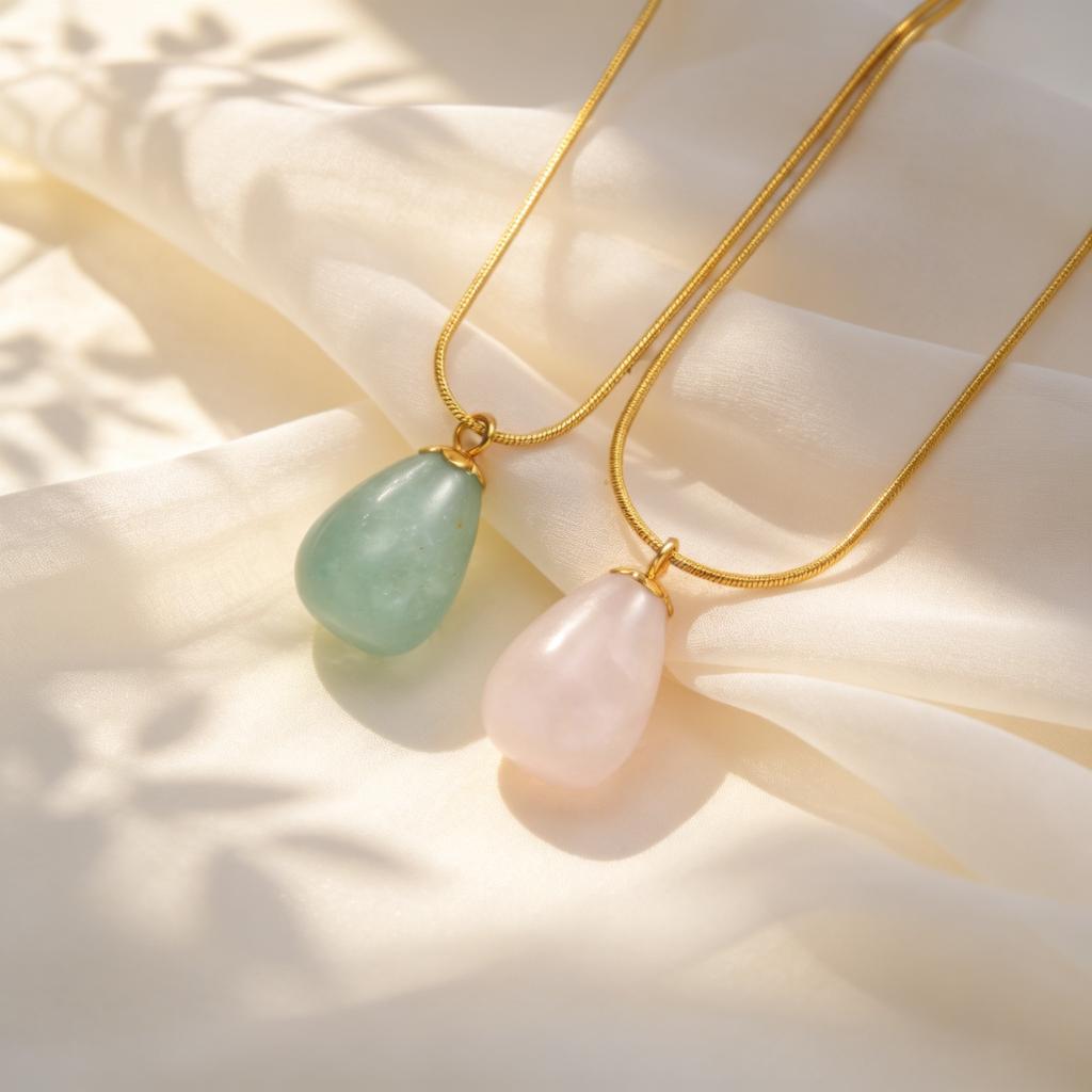 Pink Crystal Water Drop Pendant Necklace for Women, Stainless Steel Natural Green Stone Necklace, Vintage Fashion Jewelry Gift