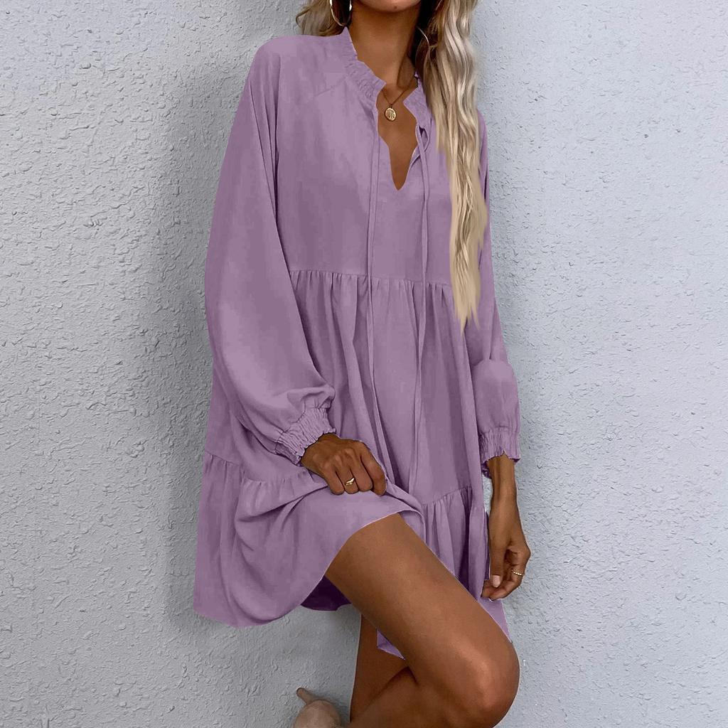 Women's Fall Long Sleeve Maxi Dress V Neck Hollow Out Eyelet A Line Long Casual Party Dresses