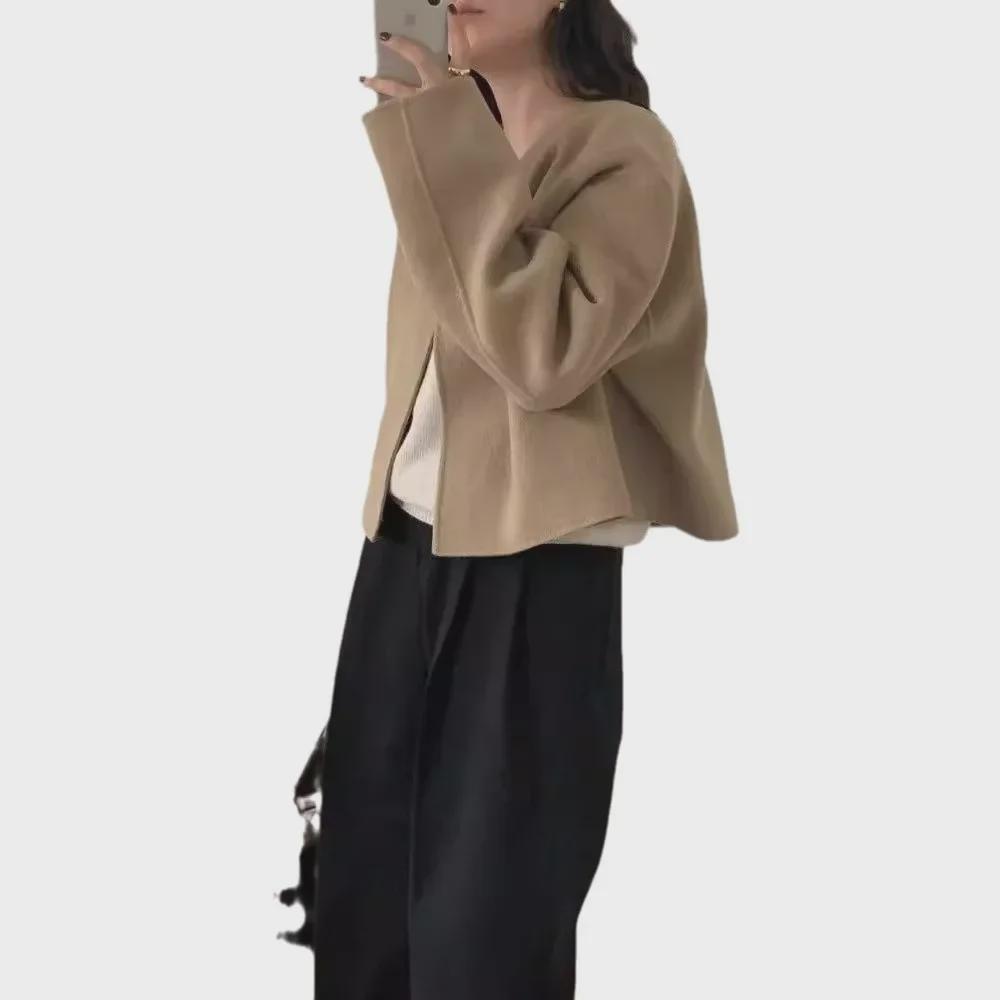 Korean Style Autumn/Winter Solid Color V-Neck Loose Wool Coat