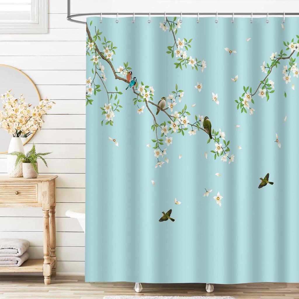 Pink Cherry Blossom Waterproof Washable Polyester Shower Curtain 180X 200Cm Bathroom Shower Curtain With 12 Hooks