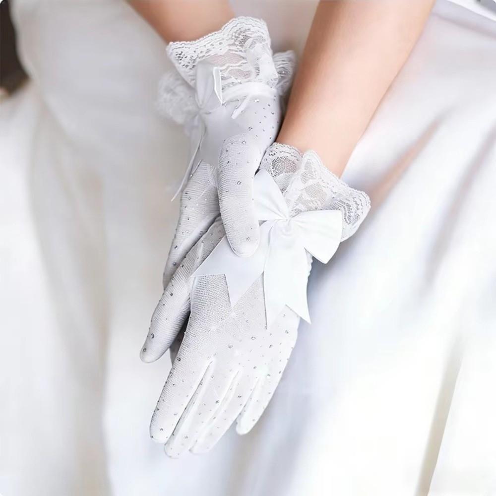 1 Pair Bow Knot Design Lace Gloves Full Finger Bridal Gloves Elegant Cosplay Gloves for Women