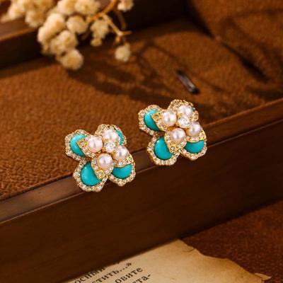 New Chinese-style Turquoise Pearl Stud Earrings Three-dimensional Four-leaf Flower Earrings Women's Niche High-end Temperament Fashion Earrings