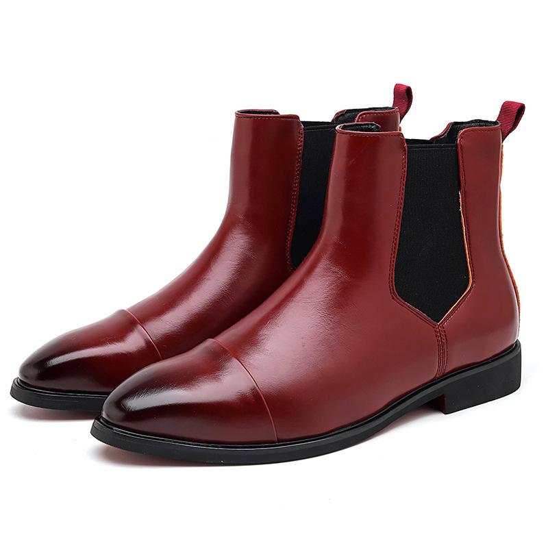 Men's Red Leather Pointed Toe Slip-On Chelsea Boots - High-Top Casual Martin Style, Plus Sizes Available