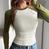 Y2K Damen Herbst Winter Langarm Rundhals Color Block Schlank Passend Pullover T-Shirt Top