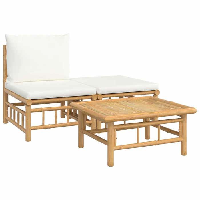 VidaXL Salon de jardin 3 pcs avec coussins blanc crème bambou, ensemble de salon, ensemble de salon extérieur, ensemble de 362297