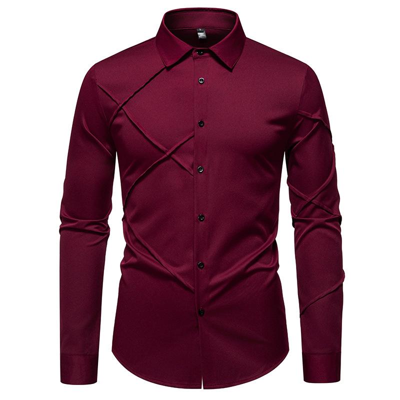 Autumn Men'S Solid Color Pleated Design Casual Long Sleeve Shirt Men'S Loose Shirt