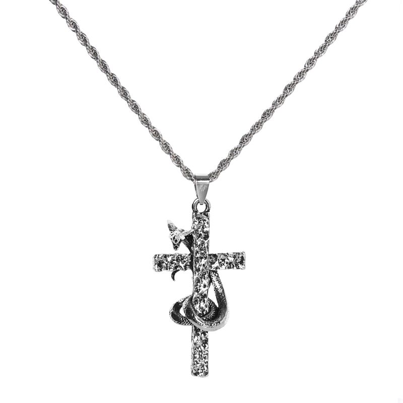 Vintage Ancient Snake Wrapped Cross Ins Retro Europe and America Rap Hip Hop Men and Women Clavicle Chain Stylish Titanium Steel Necklace