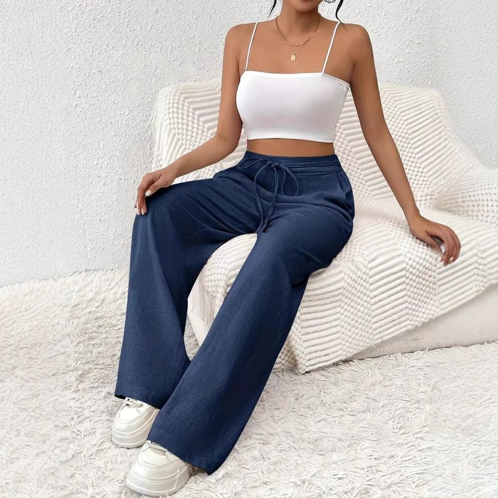 Wide Leg Floor Length Pants Women Drawstring Pant Loose Y2k Streetwear Capris Pockets Casual Sports Summer High Waist Basics