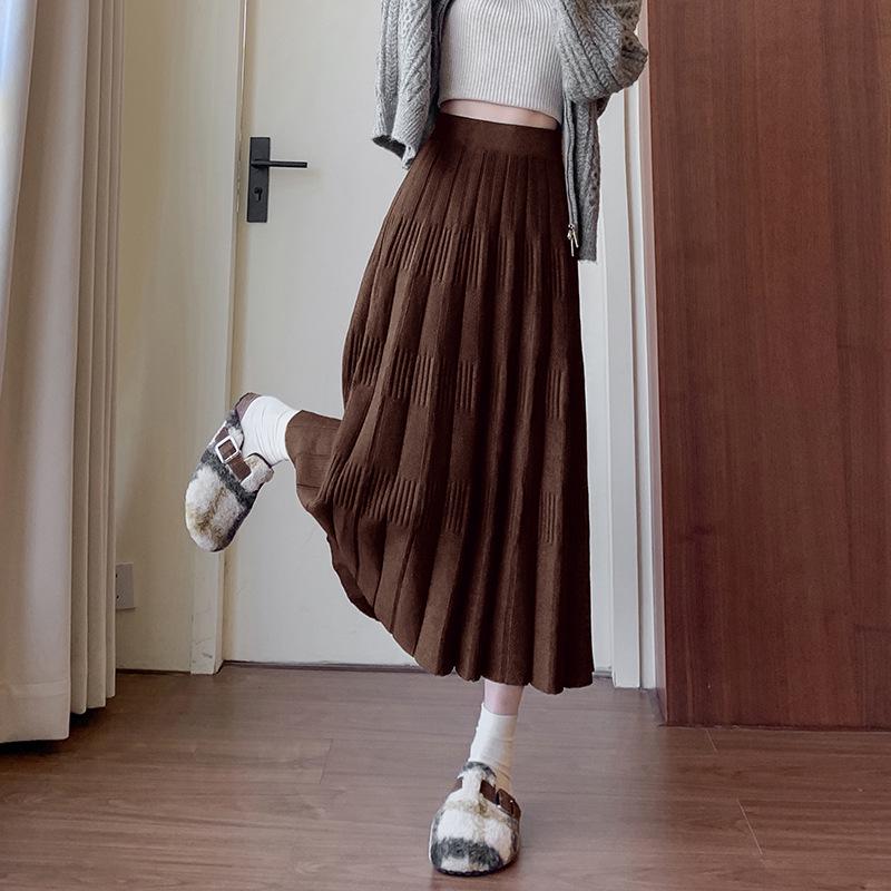 Autumn & Winter High-Waisted Knitted Pleated Long Wool Skirt for Women