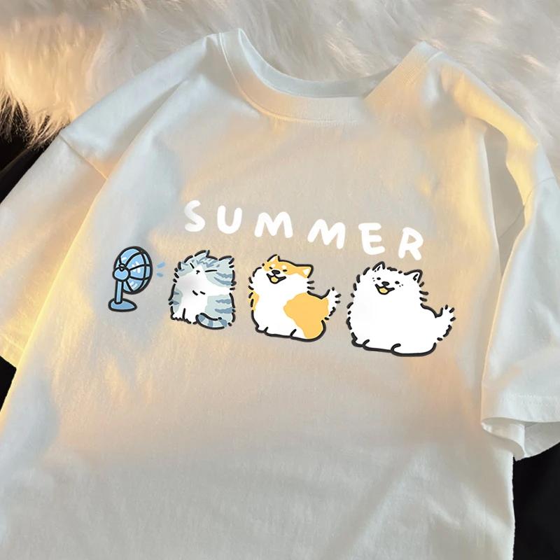 

Summer Cats and Dogs Blowing Fans Print T Shirts Unisex Women Cute Crewneck Clothes Loose TShirts Fashion Short Sleeve S