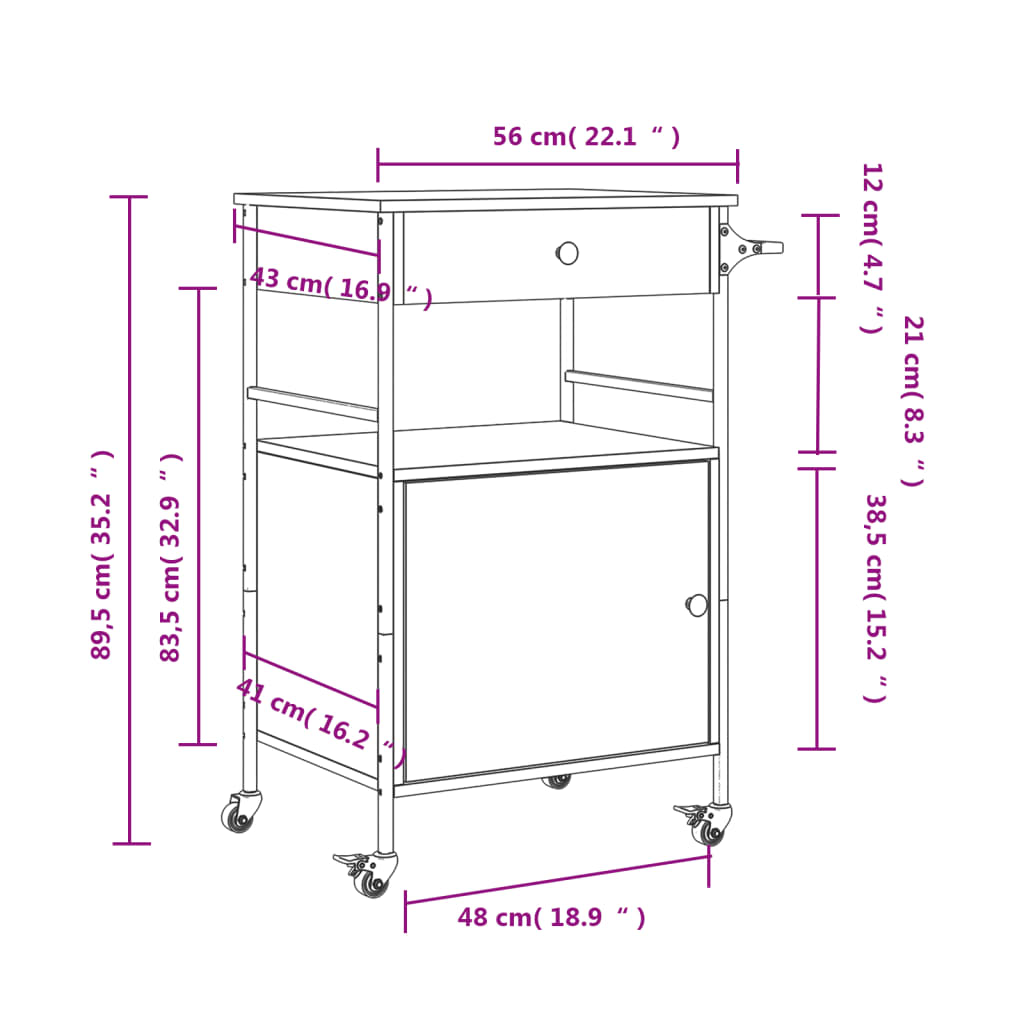 Kitchen Trolley Smoked Oak Finish 56 x 43 x 89.5 cm Engineered Wood