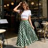 Women Maxi Skirt, Elastic Waist Plaid Print Long Skirt, Flowy Hem Lightweight Summer Skirt for Beach Travel Vacation Party