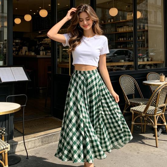 Women Maxi Skirt, Elastic Waist Plaid Print Long Skirt, Flowy Hem Lightweight Summer Skirt for Beach Travel Vacation Party