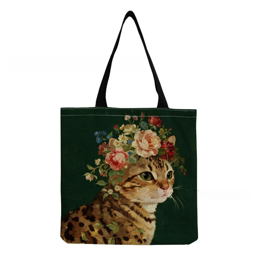 Women Vintage Linen Tote Bag - Large Capacity Cat Print Shoulder Handbag for Casual & Grocery Shopping KTB