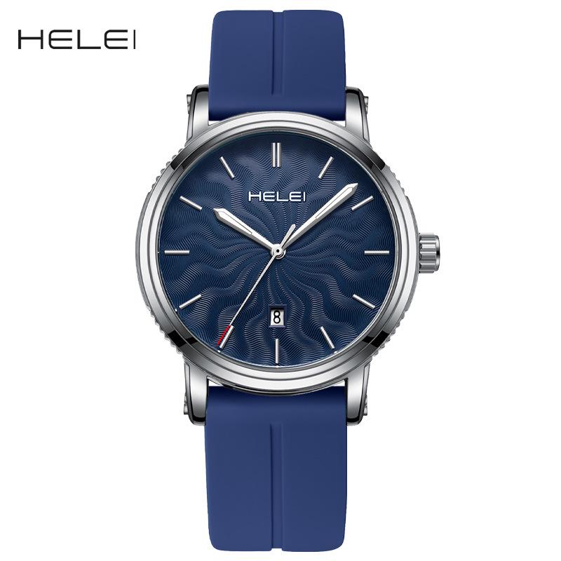 

HELEI Мужские деловые кварцевые часы: Изысканный циферблат, Водонепроницаемый, Люминесцентный, Силиконовый ремешок