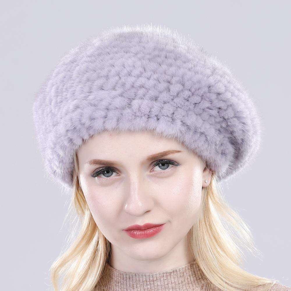 Heißer Verkauf Winter Damen Natürliches Nerzfell Mützen Hut Gestrickt Warm Gestreift Echtes Nerzfell Mützen Damen Gute Elastizität Echter Nerzfell Hut