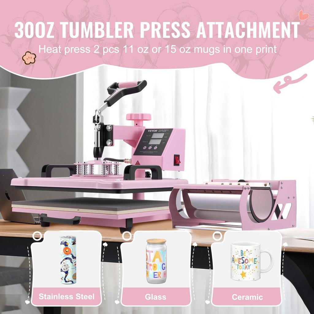 Heißpresse 12x15 in 5 in 1 mit 30oz Becherpresse T-Shirts Rosa