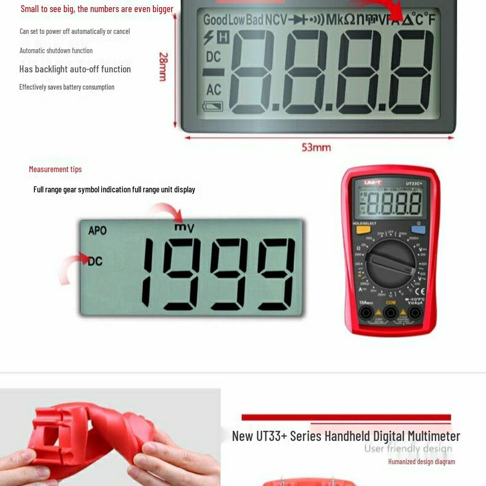 Uni-T UT33D+ Compact Digital Multimeter - High Precision, Fully Automatic for Household Use