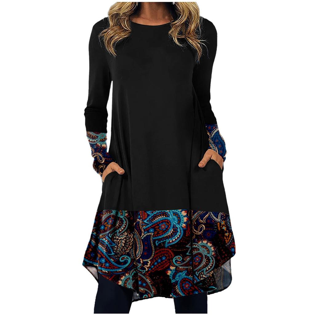Women's Fashion Casual Printed Round Neck Pullover Loose Long Sleeve Dress