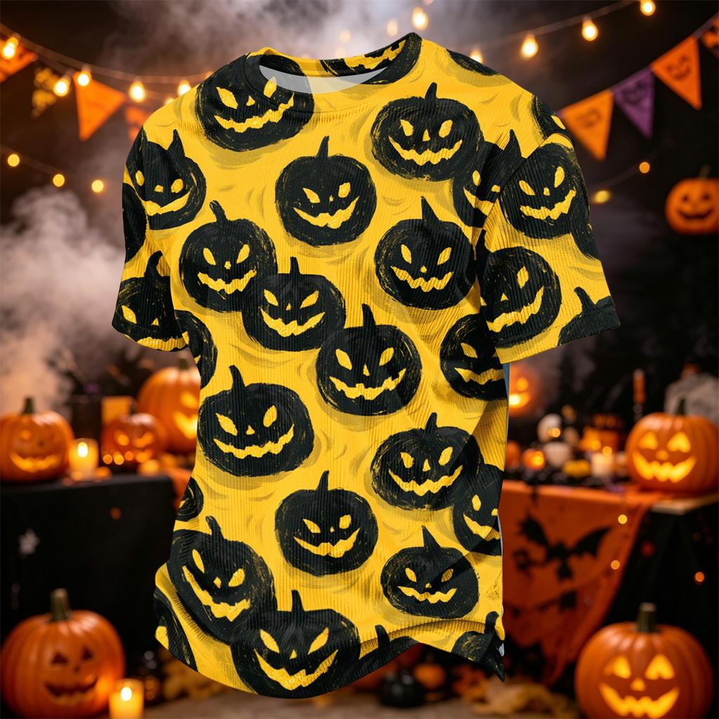 Men's Casual Corduroy Short Sleeve Lightweight Breathable Round Neck Shirt Halloween Print Design Suitable for Everyday Wear