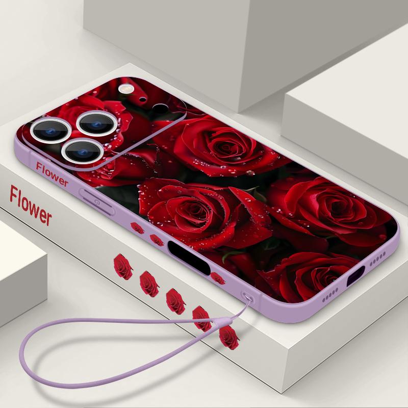 Étui Cordon Motif Fleurs Roses Rouges Pour iPhone 17 Pro Max Funda iPhone 16 15 14 13 Pro Max 11 16E 17E Coque Souple en Silicone