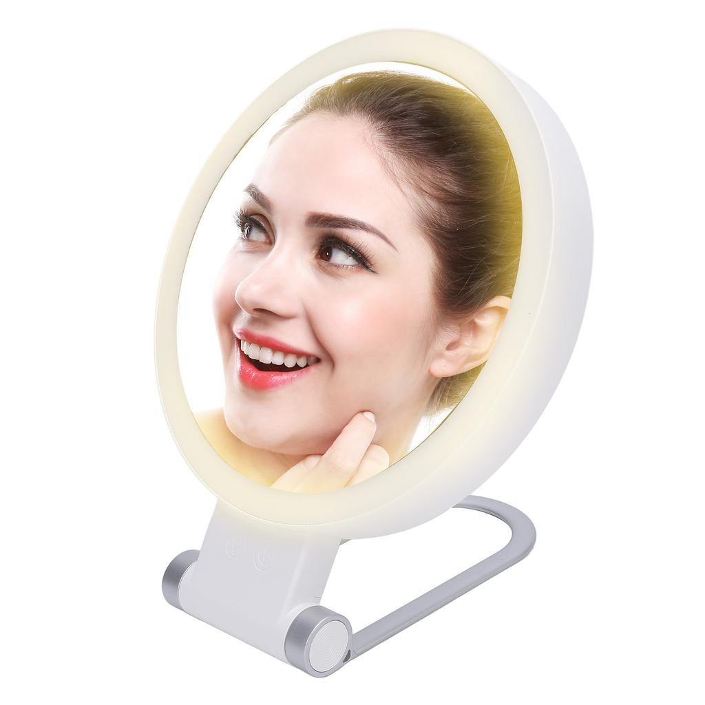 Double Sided LED Makeup Mirror 3000K 5500K 8000K Stepless Dimmable 1X 10X Magnifying Mirror with Foldable Handle
