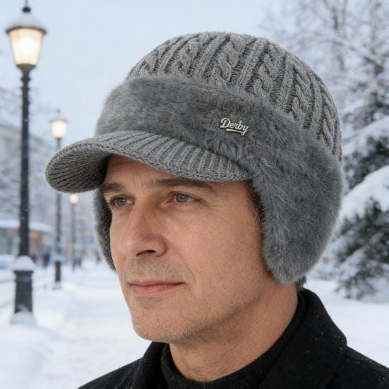 Men Hat 3-in-1 Knitted Baseball Cap with Ear Flaps Imitation Mink Fur Lining Quick-Drying
