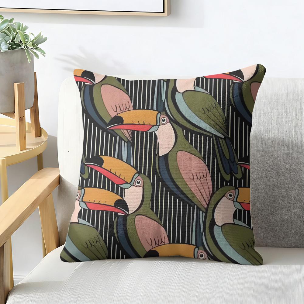 Black Toucan Pattern Art Cushion Cover Natural Linen Organic Fabric Double-Sided Printing Breathable Perfect For Home Decor