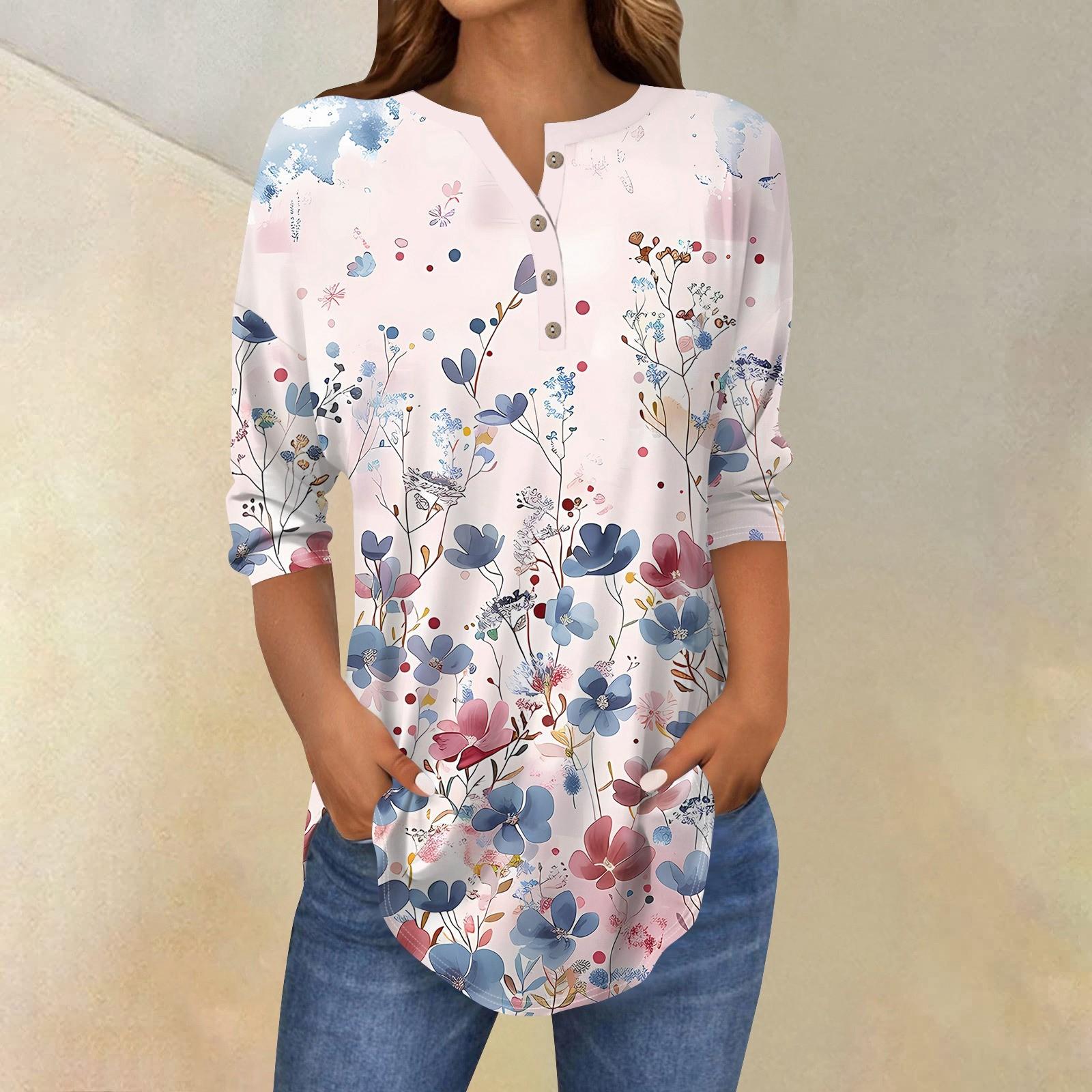 

Рубашки с рукавом 3/4 для женщин, модные, повседневные, с круглым вырезом, с принтом, футболка, топ XL розовый