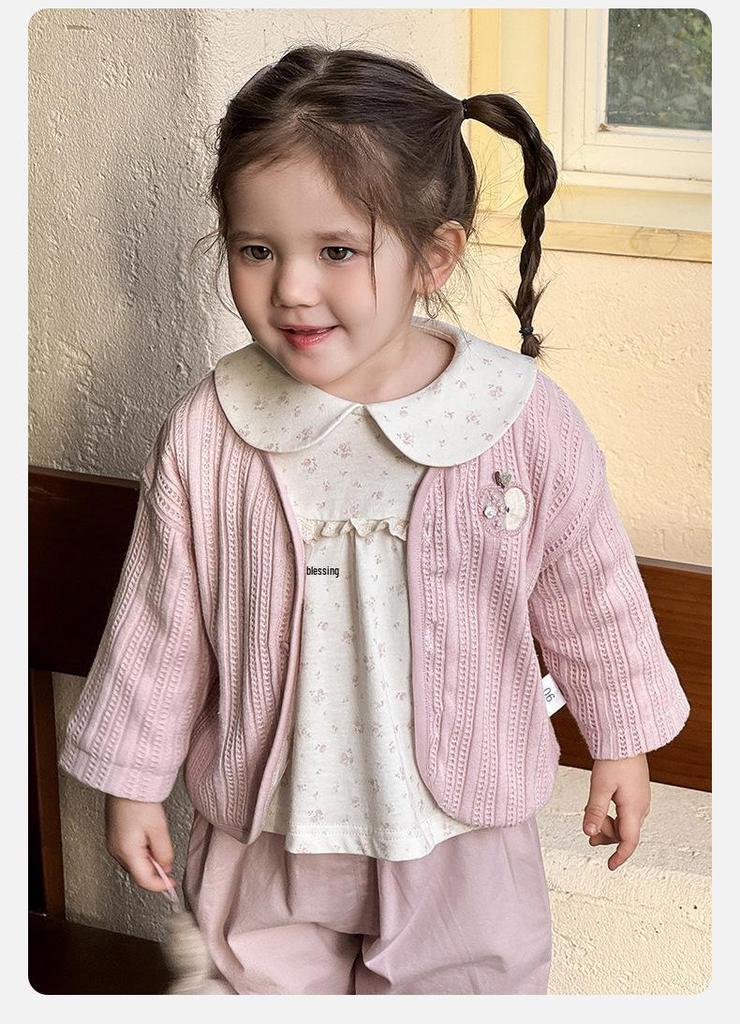 Spring 2026 Girls' Pink Princess Cardigan Set: Sweet Long-Sleeved Jacket & Top