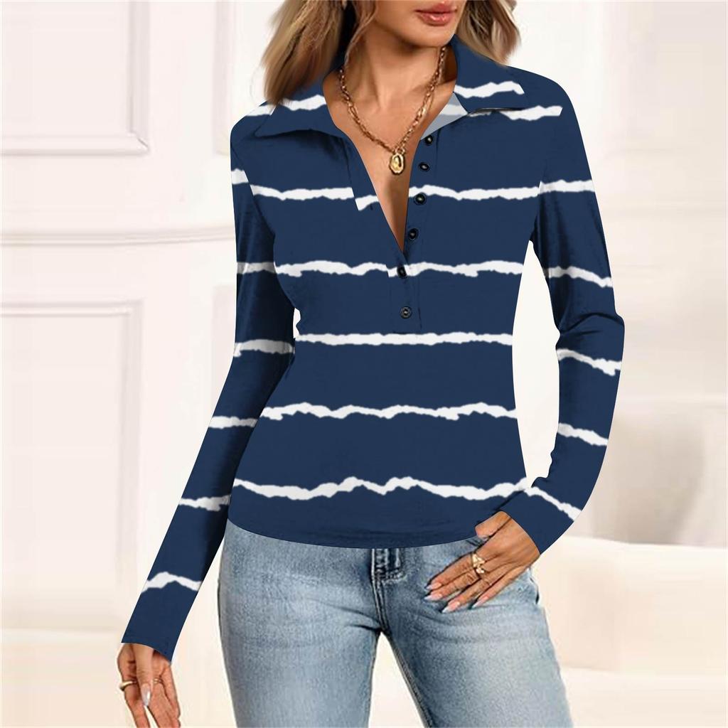 Damenmode Lässig Bedrucktes V-Ausschnitt Langarm Knopfleiste Oberteil