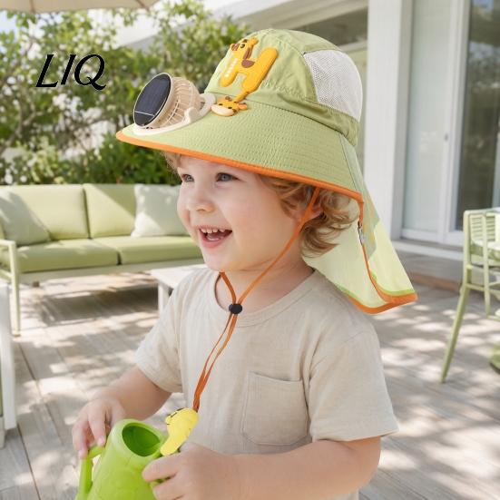 Toddler Sun Protection Hat Kids Cap with Built-in Solar Fan, Wide Brim Cooling Fan Hat, Breathable Mesh Fabric Summer Cartoon Pattern, Shawl Design