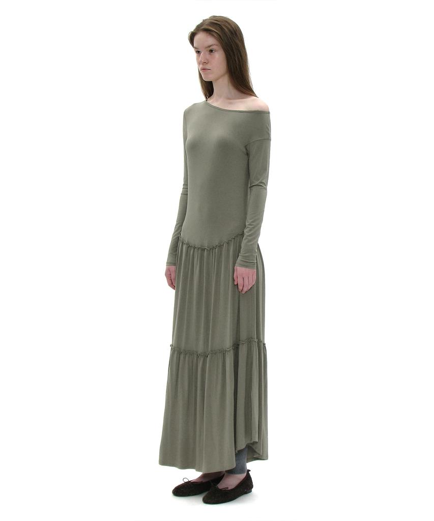 Partimento Woman Pwc Asymmetrical Jersey Shirred Tiered Dress_Light Khaki