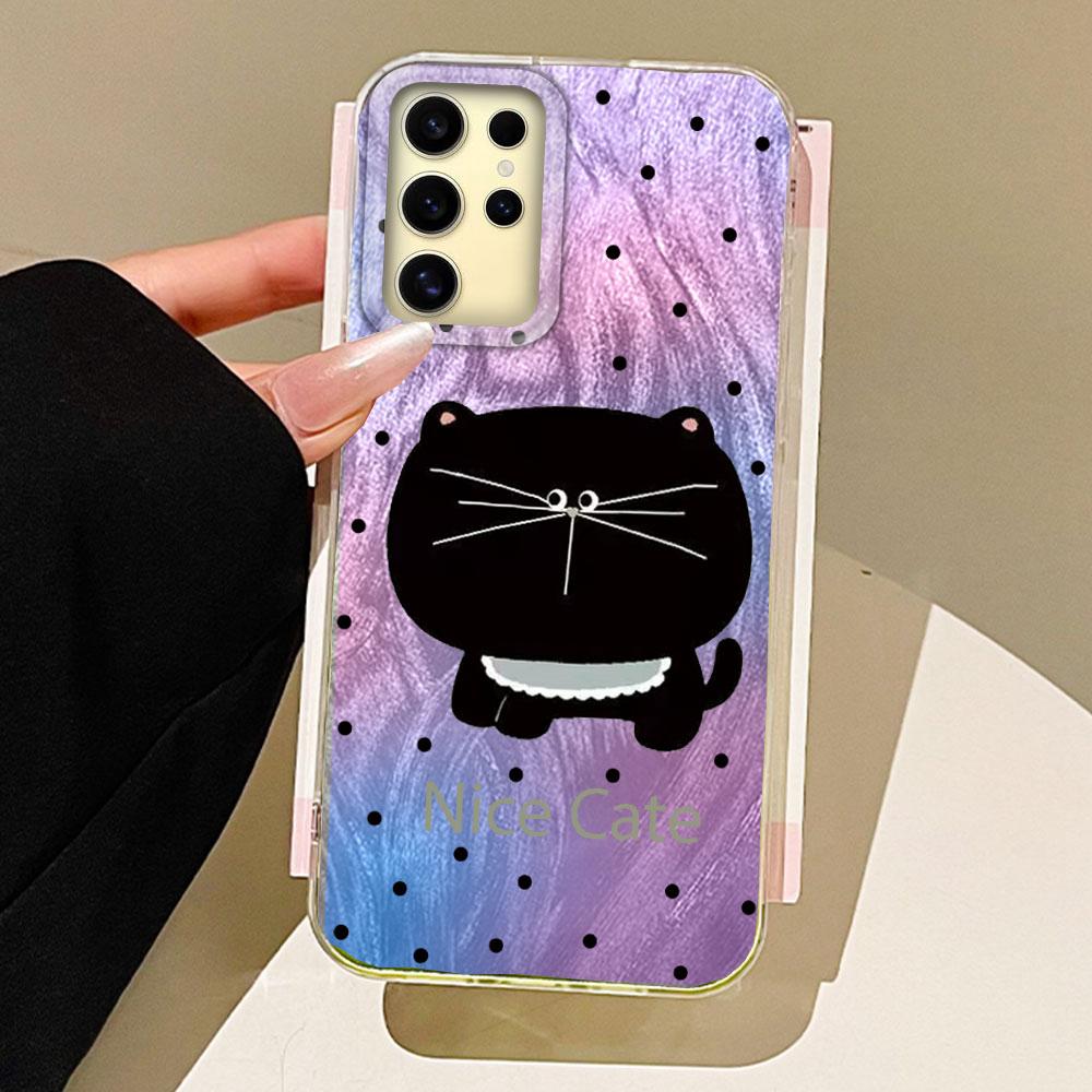 Big Headed Black Cat Circular Dots Phone Case for Samsung Galaxy S25 S24 S23 S22 S21 FE Plus Ultra Shell Silicone Back TPU Cover