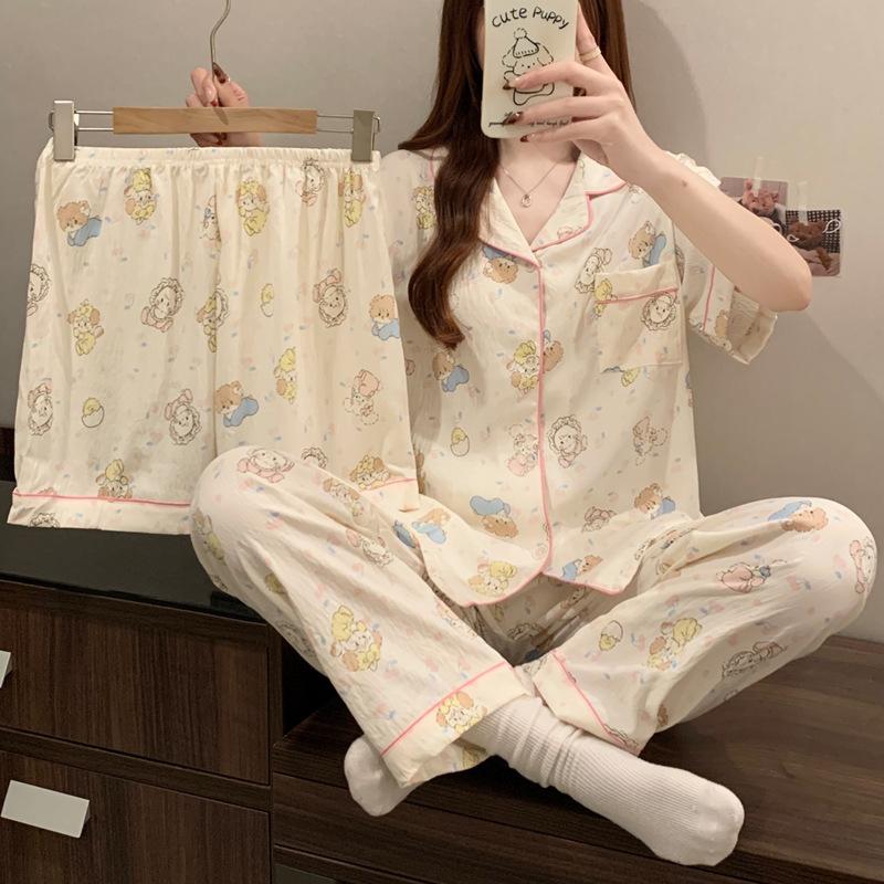 

Милая пижама для мягкой девушки Микко, женский летний тонкий комплект из трех предметов для отдыха с короткими рукавами из облачного хлопка M