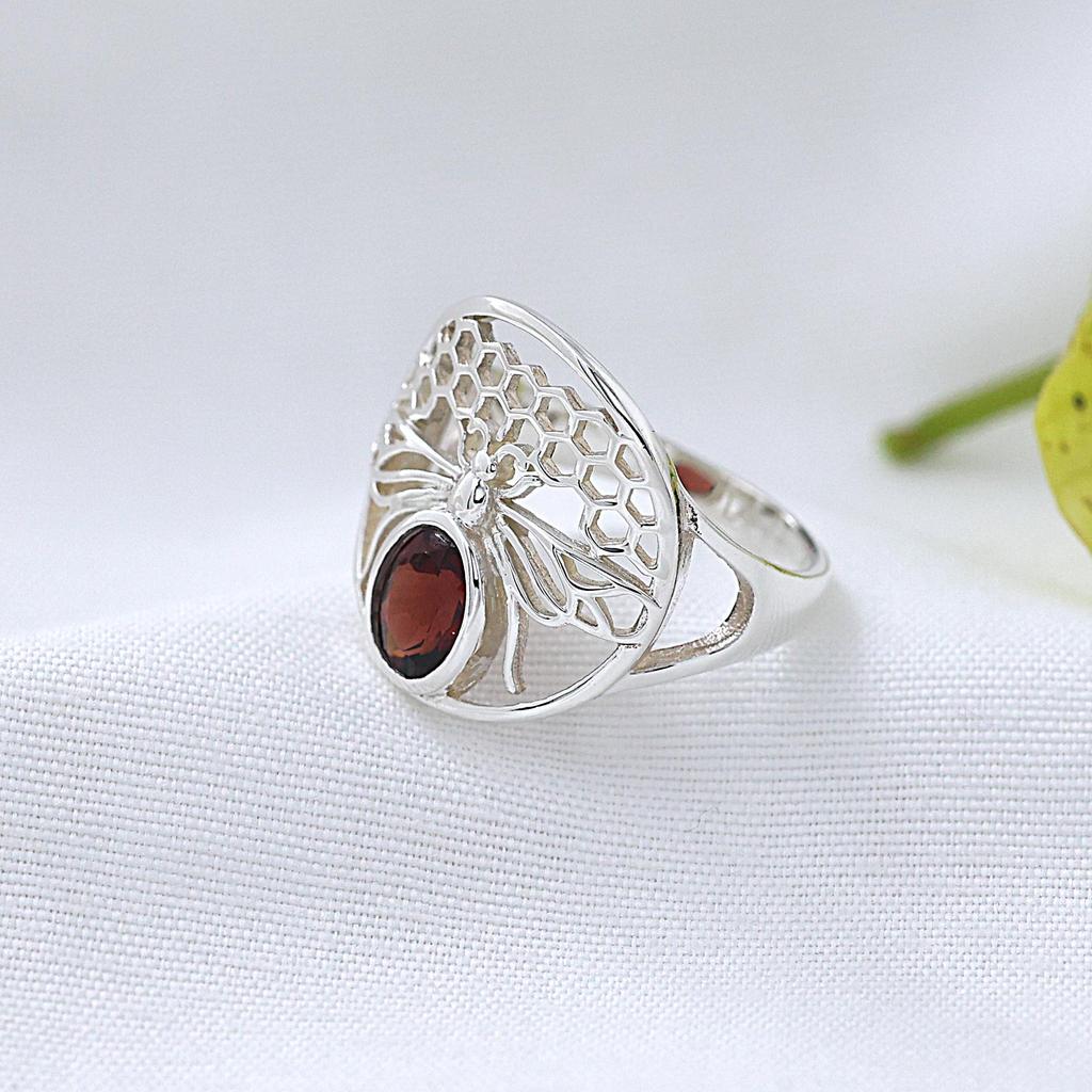 Honey Bee Garnet Silver Ring 925 Sterling Silver Jewelry Handmade Ring