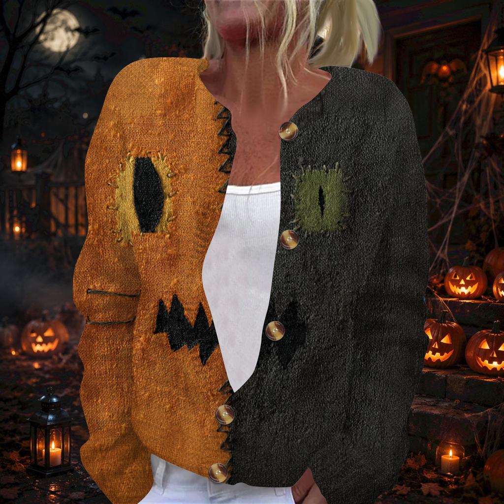 Damen Strickjacke mit langen Ärmeln und Halloween-Print, Pullover mit Knopfleiste für Herbst-Party-Outfits