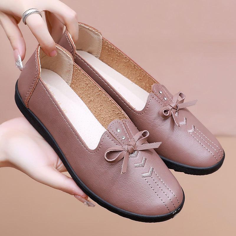 Jarní a podzimní dámské mokasíny s mašličkou pro ženy středního a staršího věku, pohodlné s měkkou podrážkou, ploché protiskluzové boty pro maminky