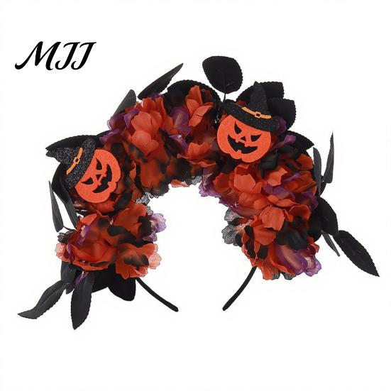 Handmade Flower Headband Halloween Floral Headband, 3D Shape Widened Fit Non-slip Wide Band Hair Hoop, Non-Slip with Pumpkin Witch Decoration