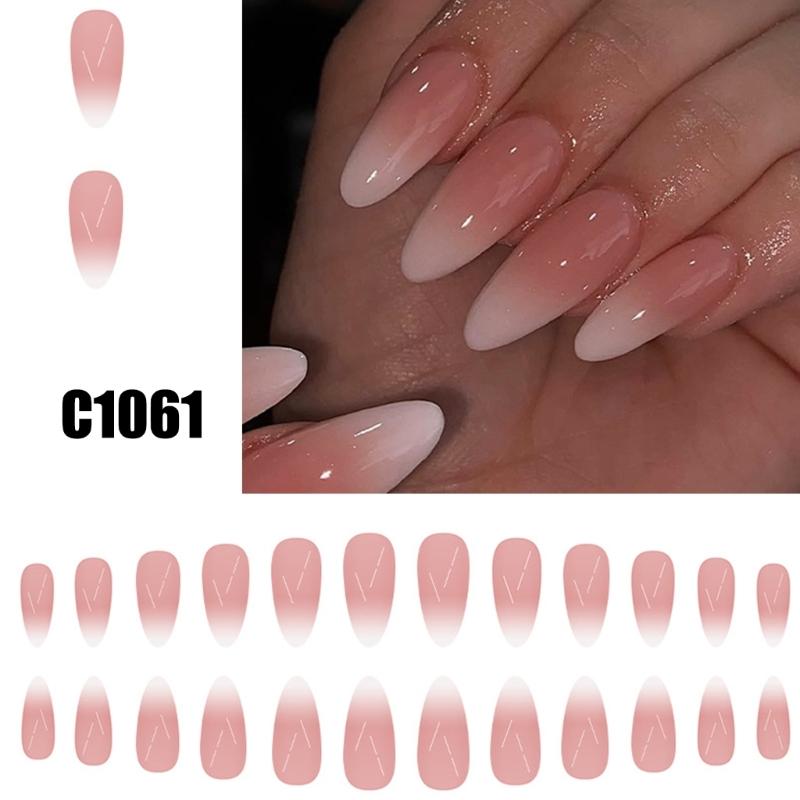 Gradient Press On Nail Almond Fake Nail Glossy Stick On Acrylic Nail Natural Omber Glues  On False Nail for Women Girls