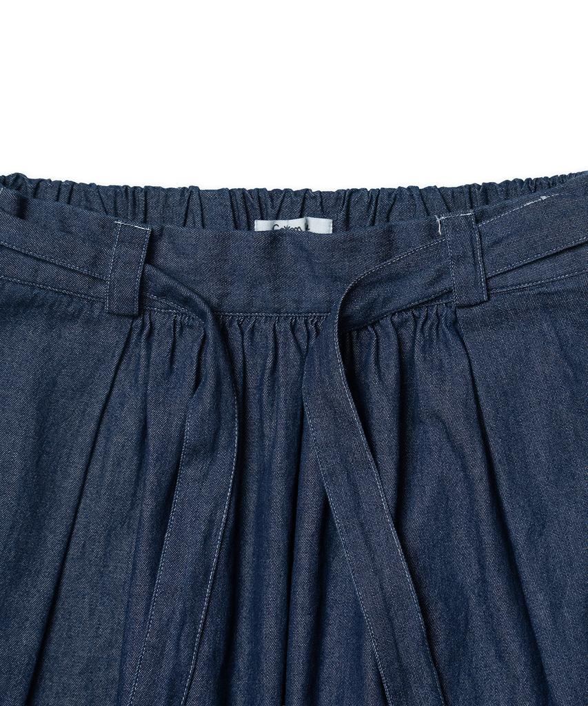 Cotton Bell Waist Belt Shirred Denim Skirt - Indigo