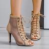 Slim Heel Hollow Cool Boots Women's Lace-up Jazz Pole Dance Shoes Breathable Mesh Fish Mouth Sandals