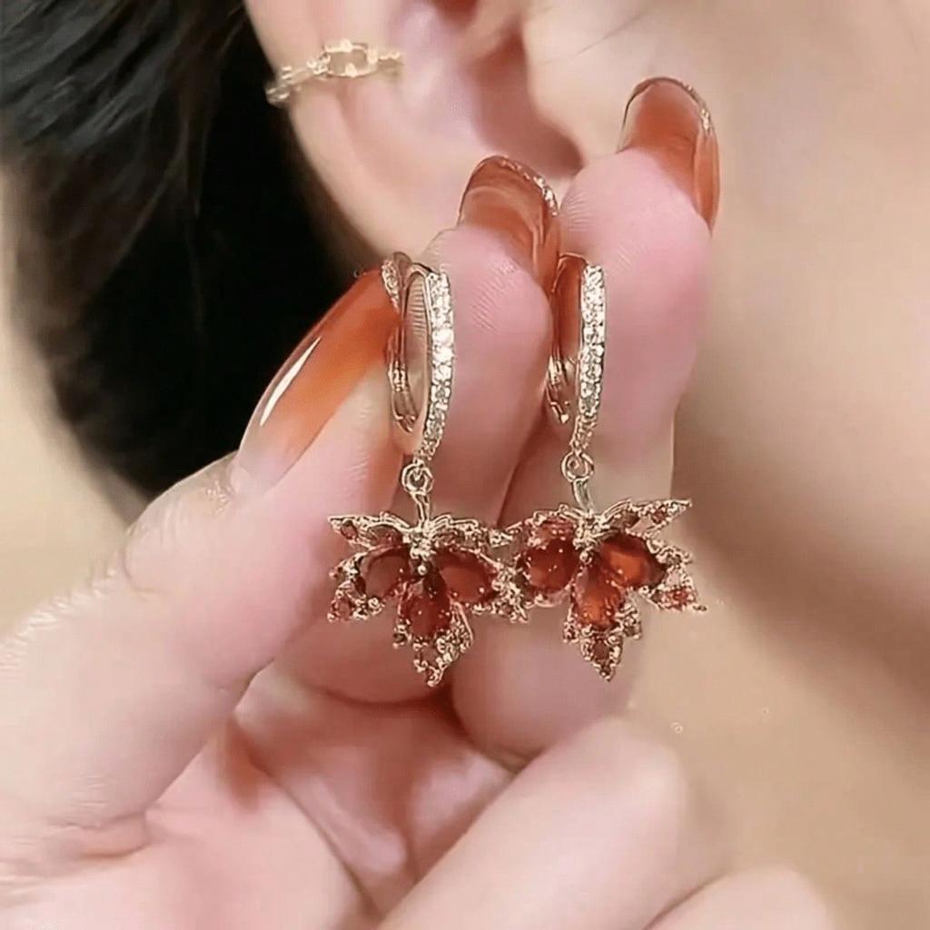 18k Rose Gold Plated Maple Leaf Red Zircon Hoop Earrings Fashion Women Jewelry