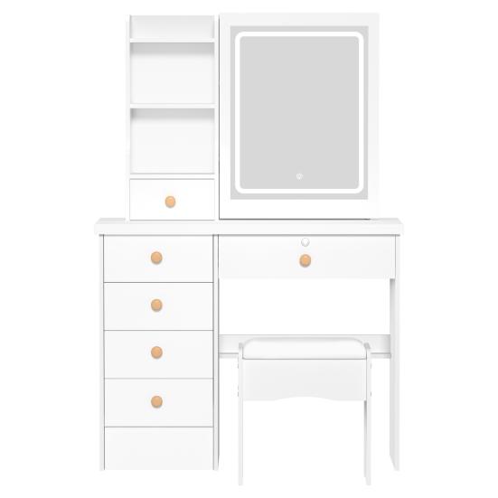 Schminktisch mit einstellbarer 3-Farben-Helligkeitsanpassung, verschiebbarem beleuchtetem Spiegel, Frisiertisch-Set mit 6 Schubladen und mehreren versteckten Ablageregalen